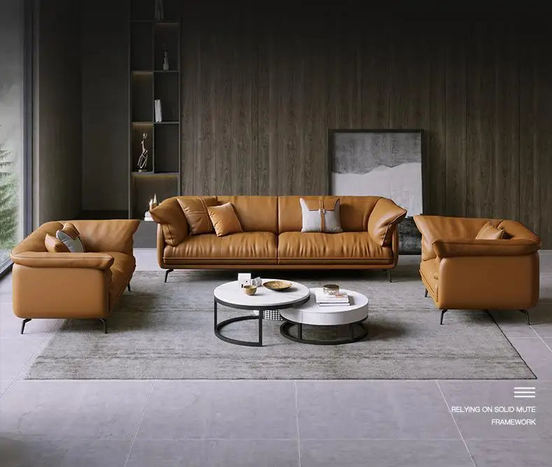 Curved Leather Sofa – Contemporary Upholstered Seating with Metal Legs