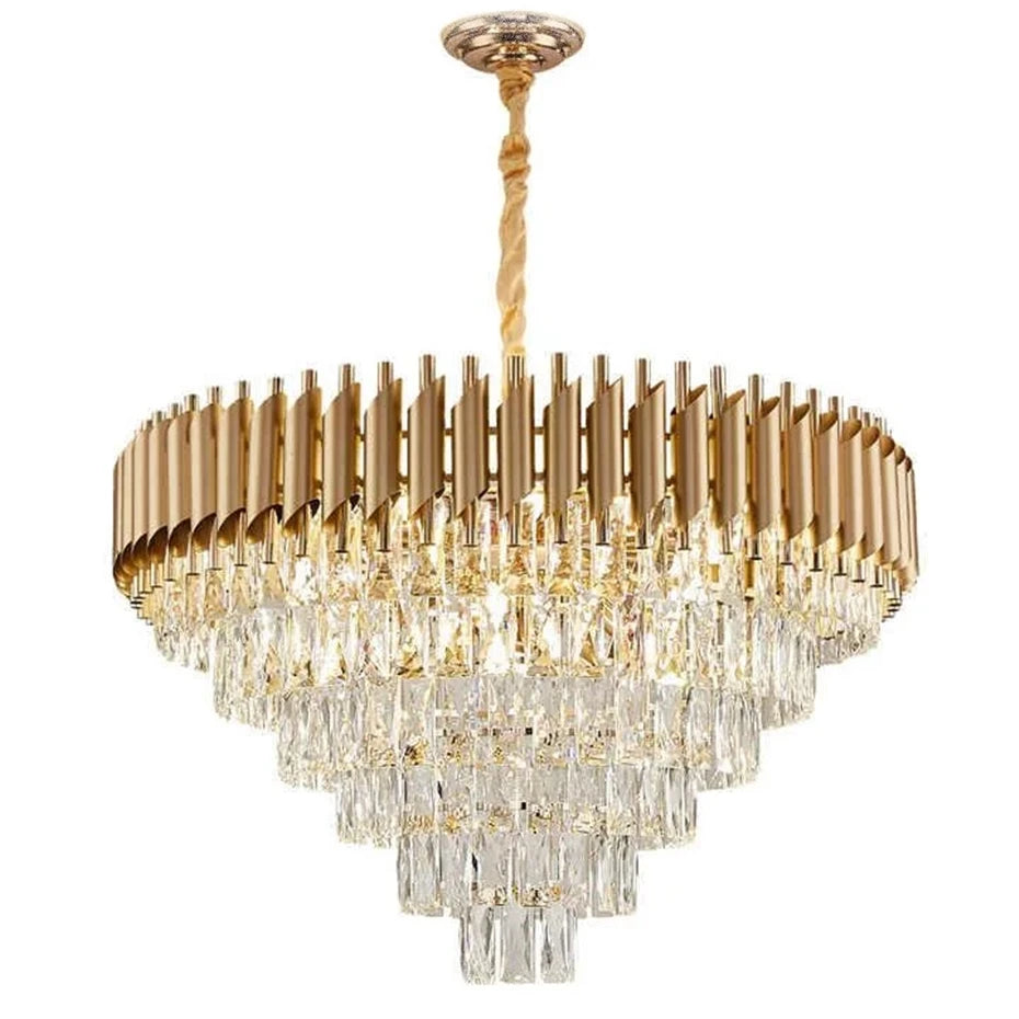 Crystal Chandelier: Tiered Gold Pendant Light with Clear Crystal Prisms