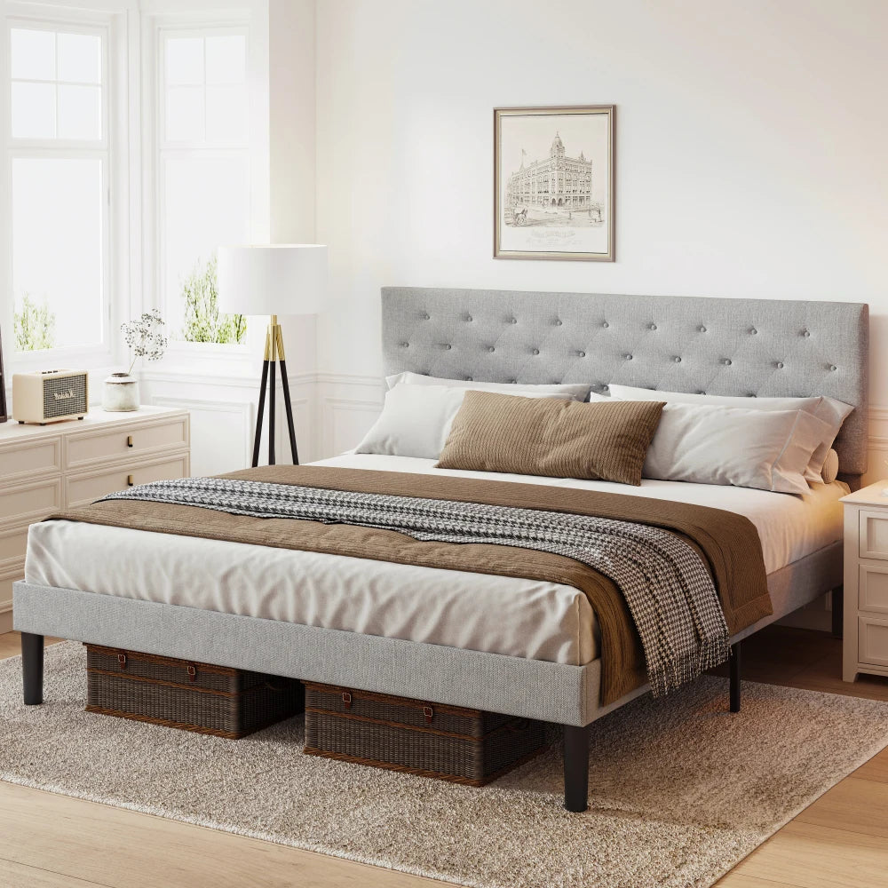 Queen Size Bed Frame with Adjustable Headboard - Grey Upholstered
