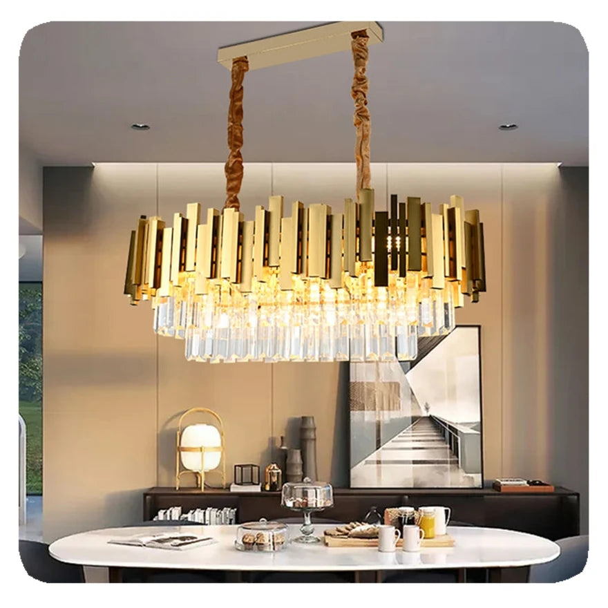 Crystal Chandelier: Tiered Gold Pendant Light with Clear Crystal Prisms