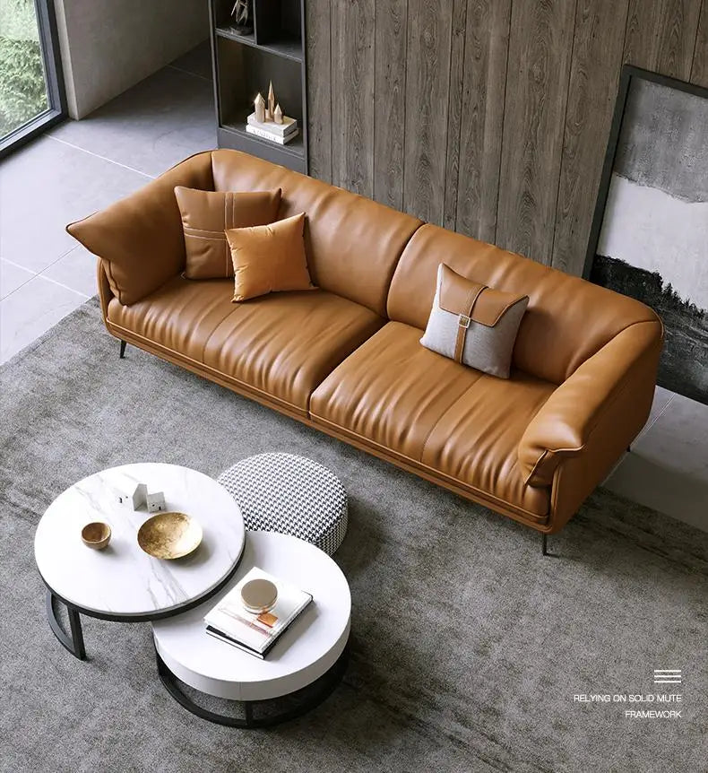 Curved Leather Sofa – Contemporary Upholstered Seating with Metal Legs
