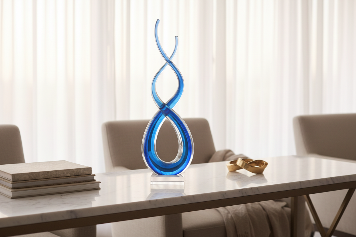 Glass Tabletop Sculpture | Abstract Clear and Blue Design | 11 Inch