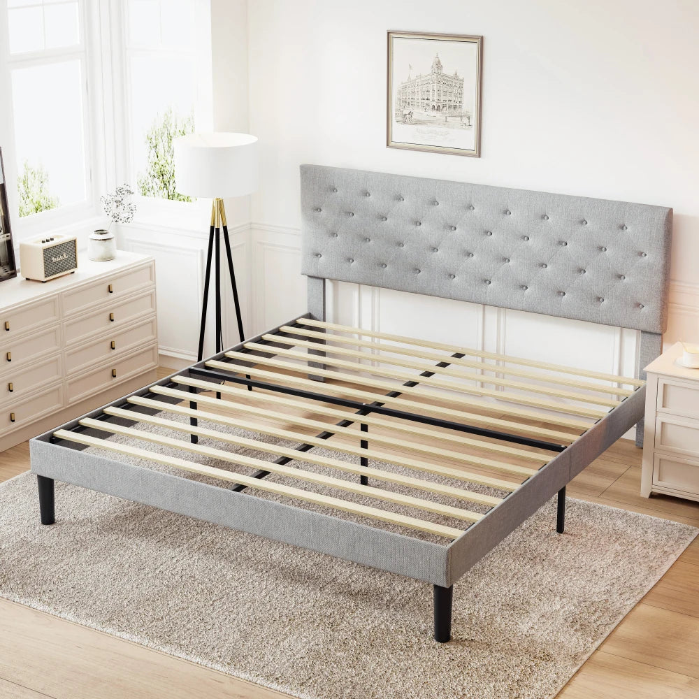 Queen Size Bed Frame with Adjustable Headboard - Grey Upholstered