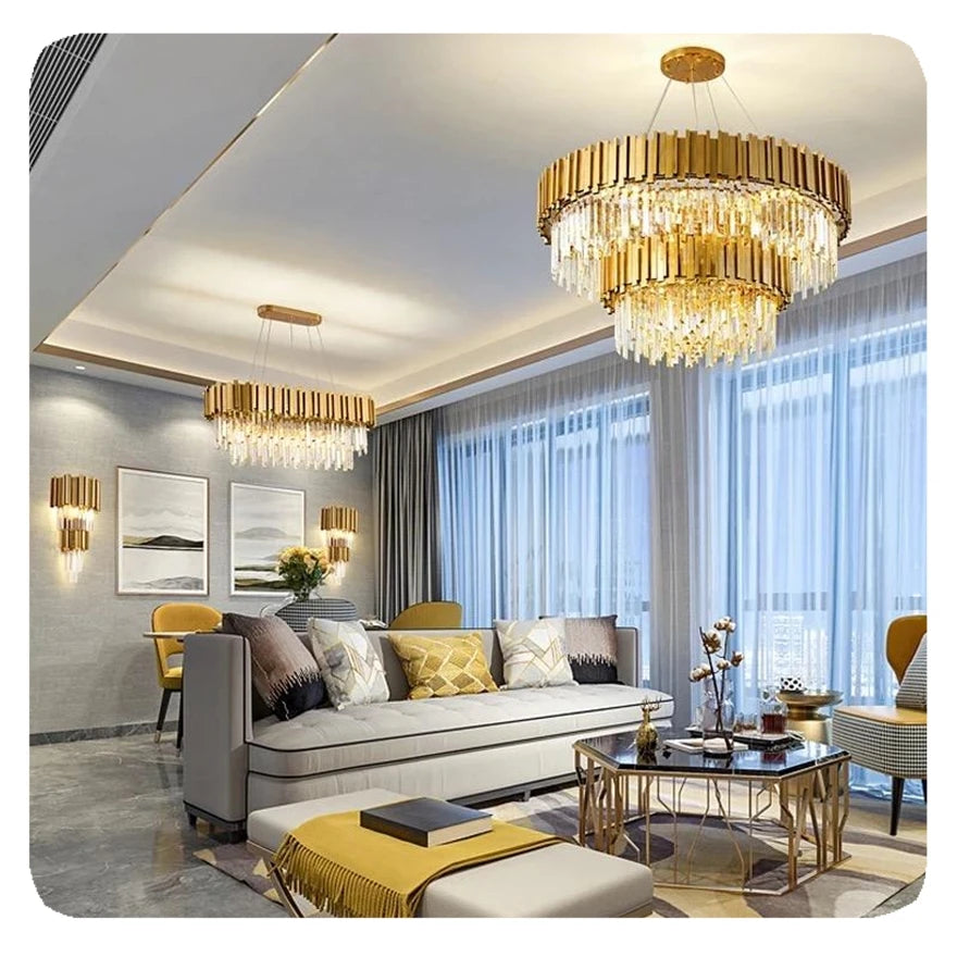 Crystal Chandelier: Tiered Gold Pendant Light with Clear Crystal Prisms