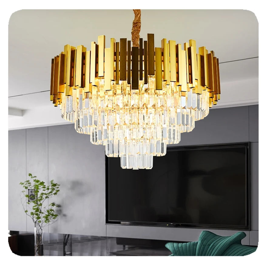 Crystal Chandelier: Tiered Gold Pendant Light with Clear Crystal Prisms