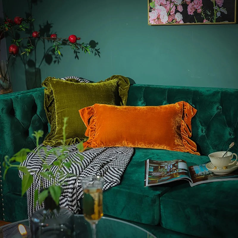 Medicci Home Ruffles Cushion Cover Pure Color Retro Emerald Green Couch Sofa Bedroom Living Room Decorative Throw Pillowcase