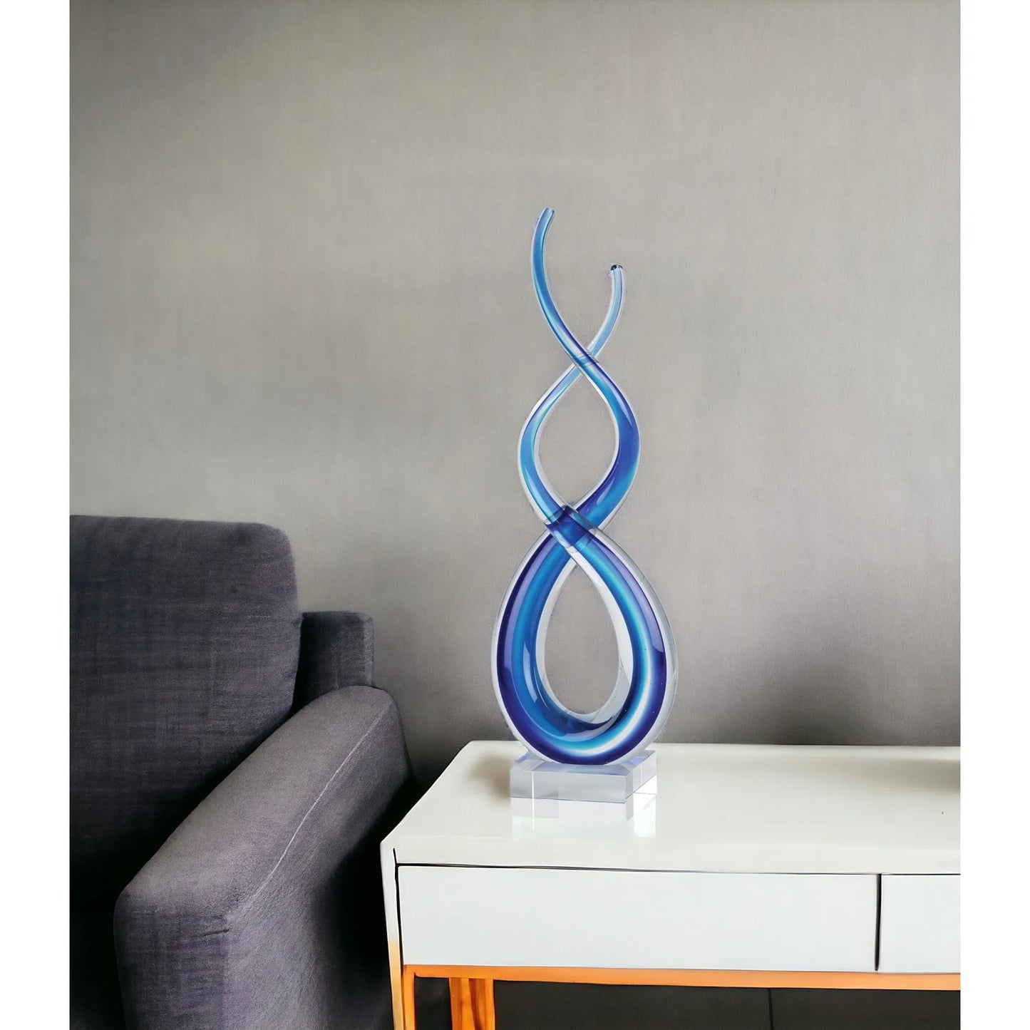 HMS 11\" Modern Abstract Clear and Blue Murano Glass Tabletop Sculpture