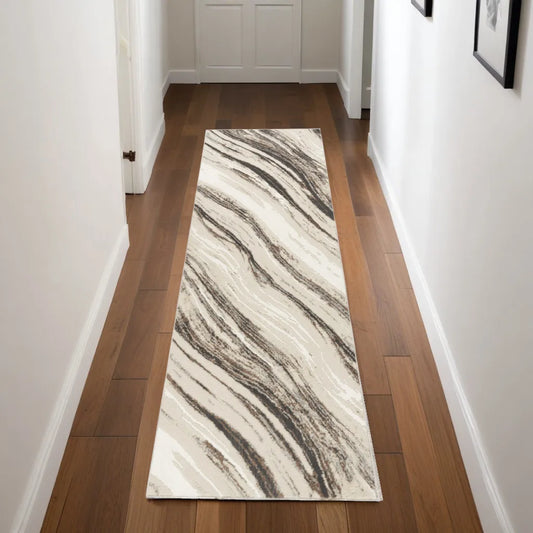 HMS 8' Beige Gray Handmade Woven Abstract Non-Skid Runner Rug Modern Wool Polyester Silk Nylon for Home Prayer Teens-Washable
