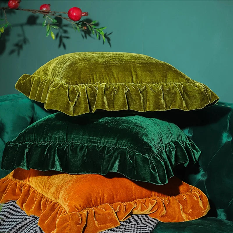 Medicci Home Ruffles Cushion Cover Pure Color Retro Emerald Green Couch Sofa Bedroom Living Room Decorative Throw Pillowcase