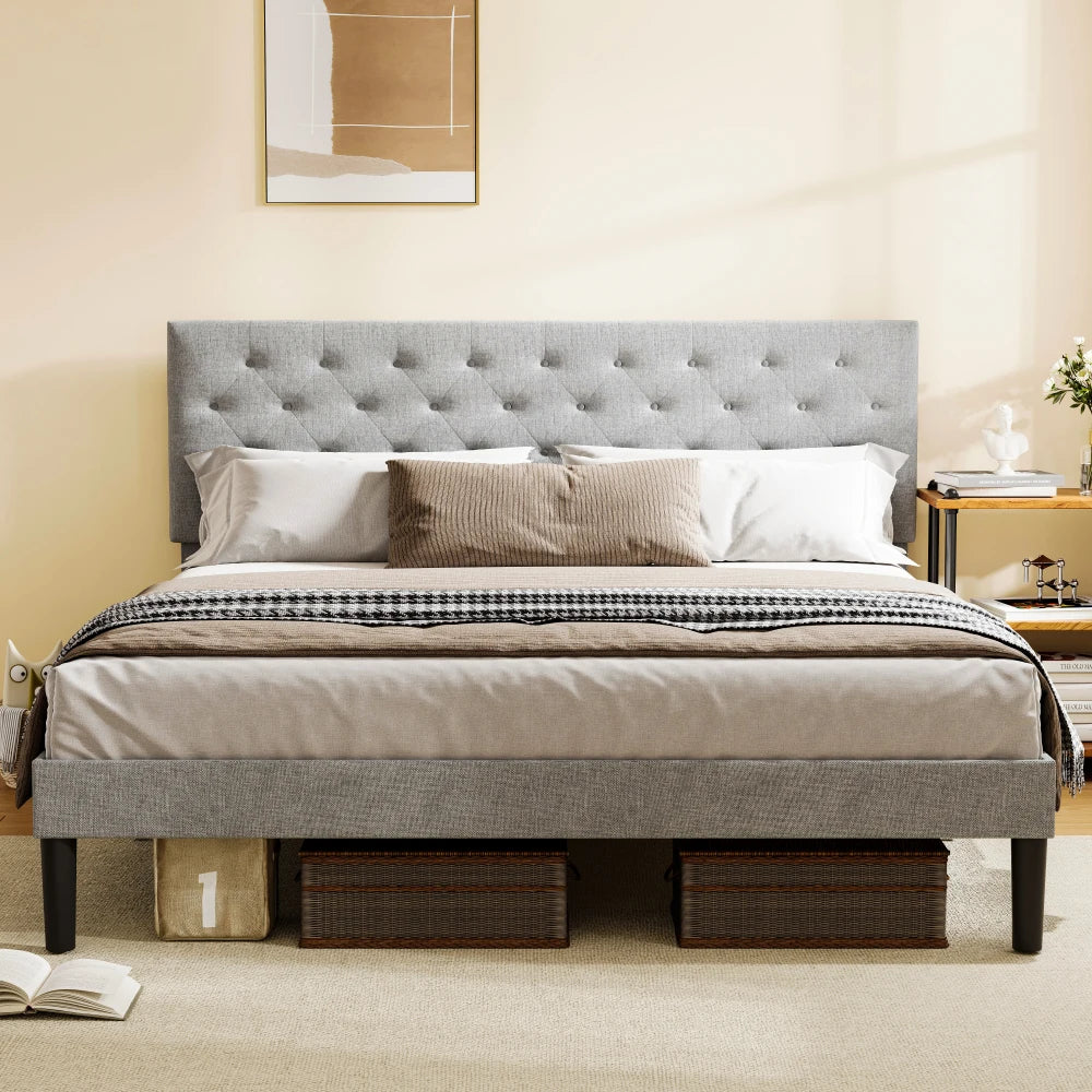 Queen Size Bed Frame with Adjustable Headboard - Grey Upholstered