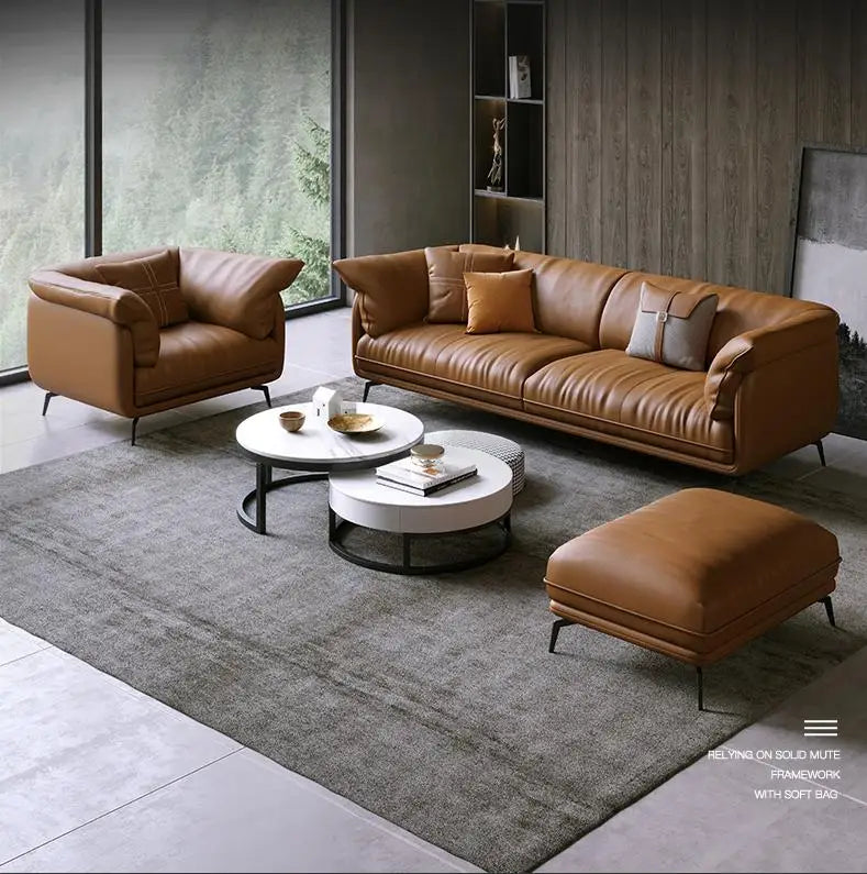 Curved Leather Sofa – Contemporary Upholstered Seating with Metal Legs