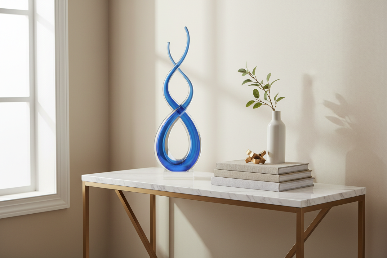 Glass Tabletop Sculpture | Abstract Clear and Blue Design | 11 Inch