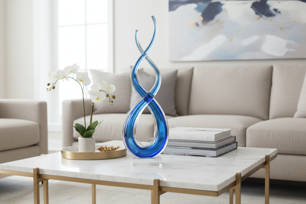 Glass Tabletop Sculpture | Abstract Clear and Blue Design | 11 Inch