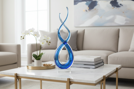 Glass Tabletop Sculpture | Abstract Clear and Blue Design | 11 Inch