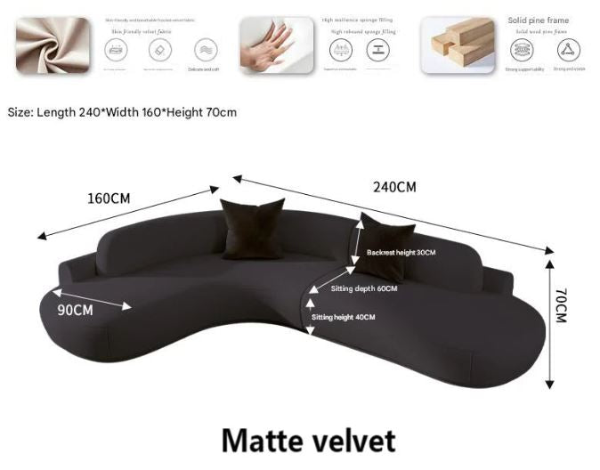 Curved Sectional Sofa - Organic Shape - Matte Velvet - Multiple Sizes