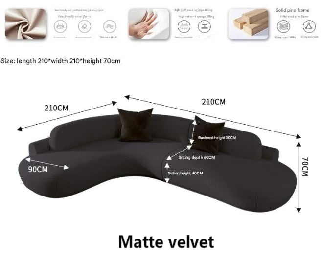 Curved Sectional Sofa - Organic Shape - Matte Velvet - Multiple Sizes