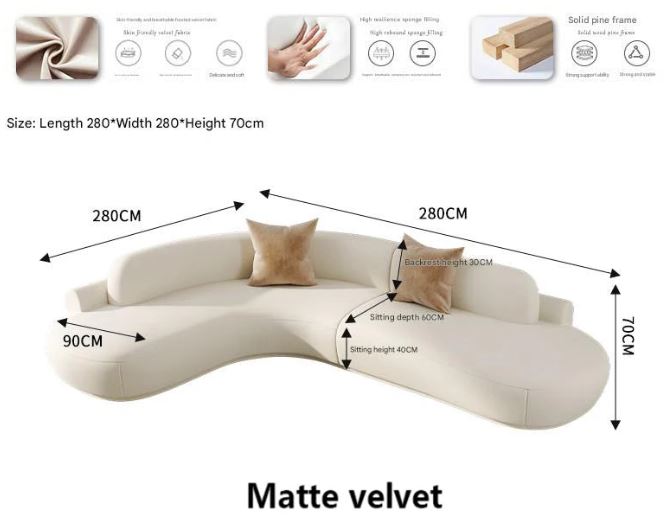 Curved Sectional Sofa - Organic Shape - Matte Velvet - Multiple Sizes