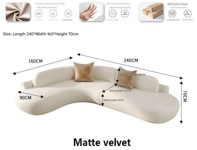 Curved Sectional Sofa - Organic Shape - Matte Velvet - Multiple Sizes