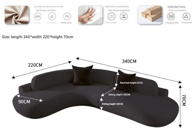 Curved Sectional Sofa - Organic Shape - Matte Velvet - Multiple Sizes