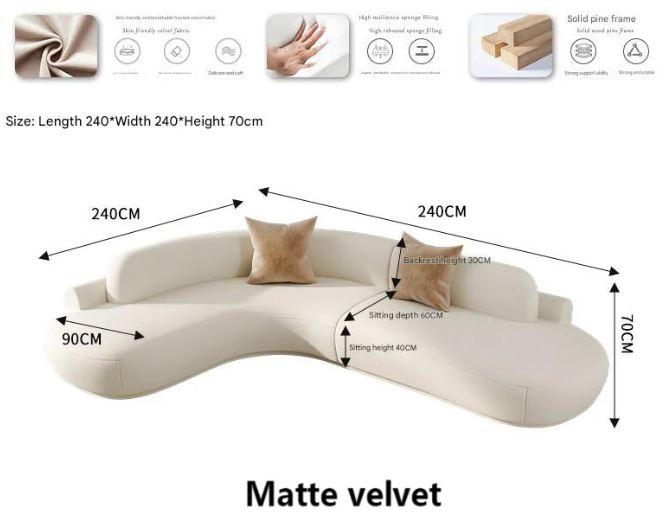 Curved Sectional Sofa - Organic Shape - Matte Velvet - Multiple Sizes