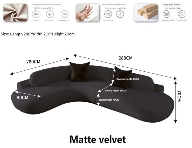 Curved Sectional Sofa - Organic Shape - Matte Velvet - Multiple Sizes