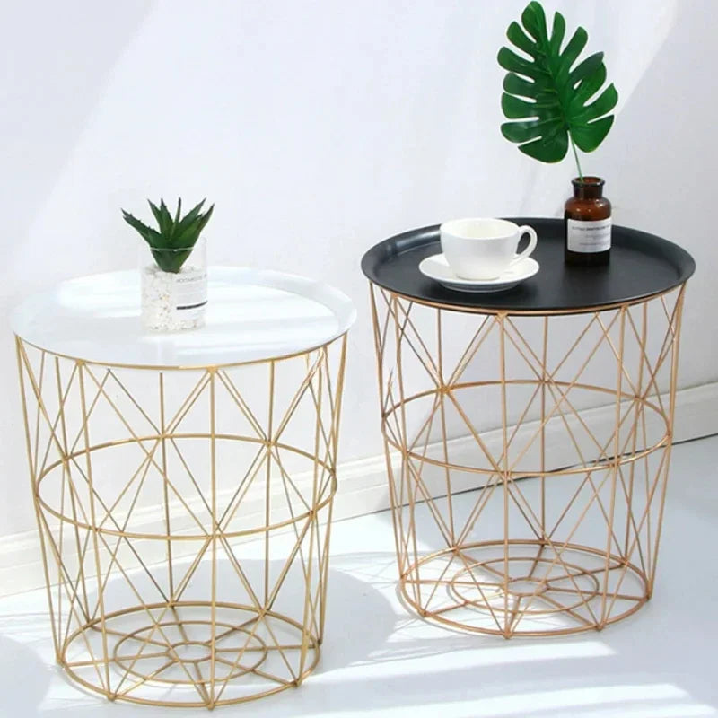 -New Nordic Golden Iron Metal Coffee Table Dirty Storage Basket Tea Fruit Snack Service Plate Tray Bed Living Room Sofa Side