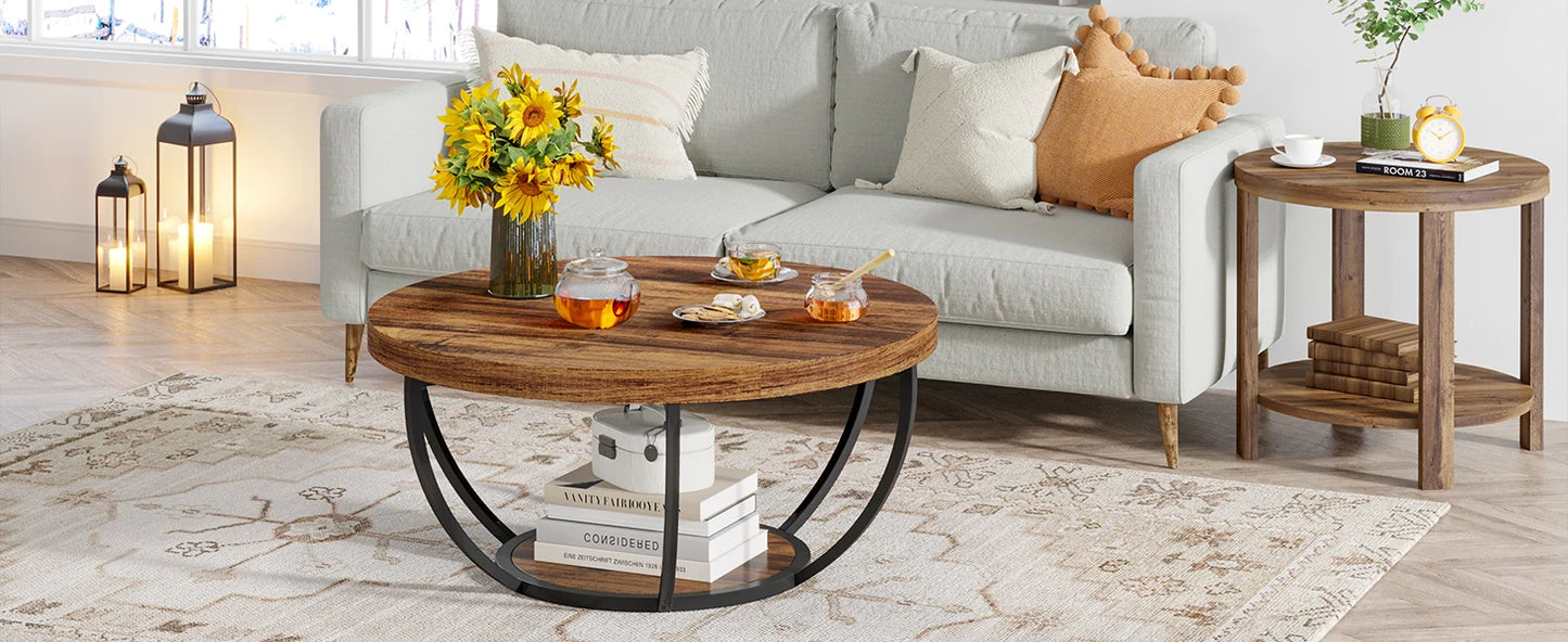 Round Coffee Table with Storage Shelves - 31.7" Industrial 2-Tier Circle Table