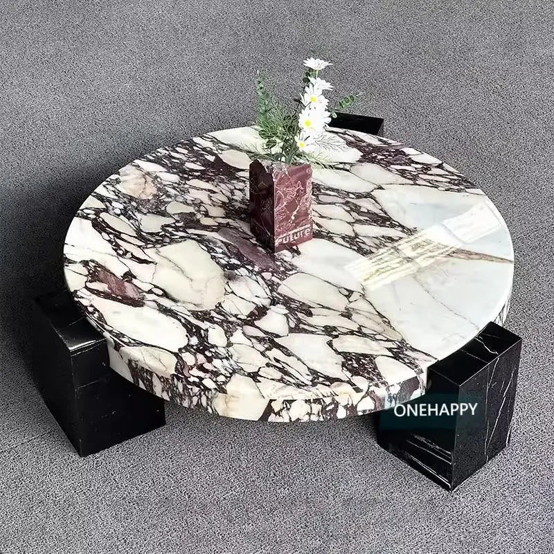 100% Pure Calacata Viola Marble Round Coffee Table with Black Marquina Base - Luxury Living Room Center Table for Home Decor