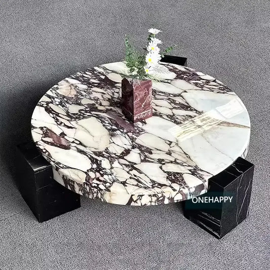 100% Pure Calacata Viola Marble Round Coffee Table with Black Marquina Base - Luxury Living Room Center Table for Home Decor