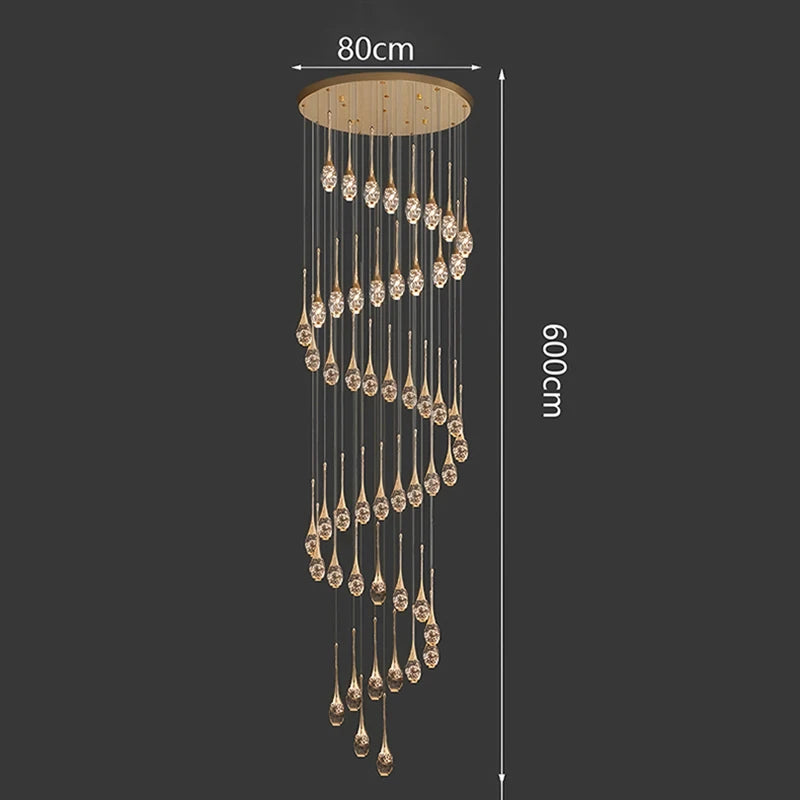 Crystal Chandelier: Multi-Drop Spiral Pendant Light in Gold - 30cm x 120cm