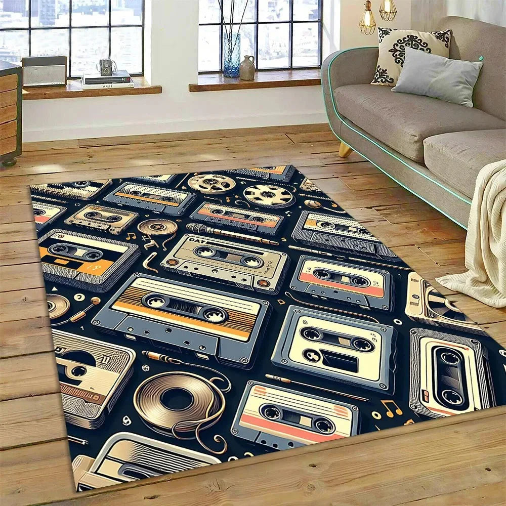 Retro Cassette Tape Carpets for Living Room Decoration Home Hallway Balcony Bathroom Mat Non Slip Parlour Sofa Large Floor Rug