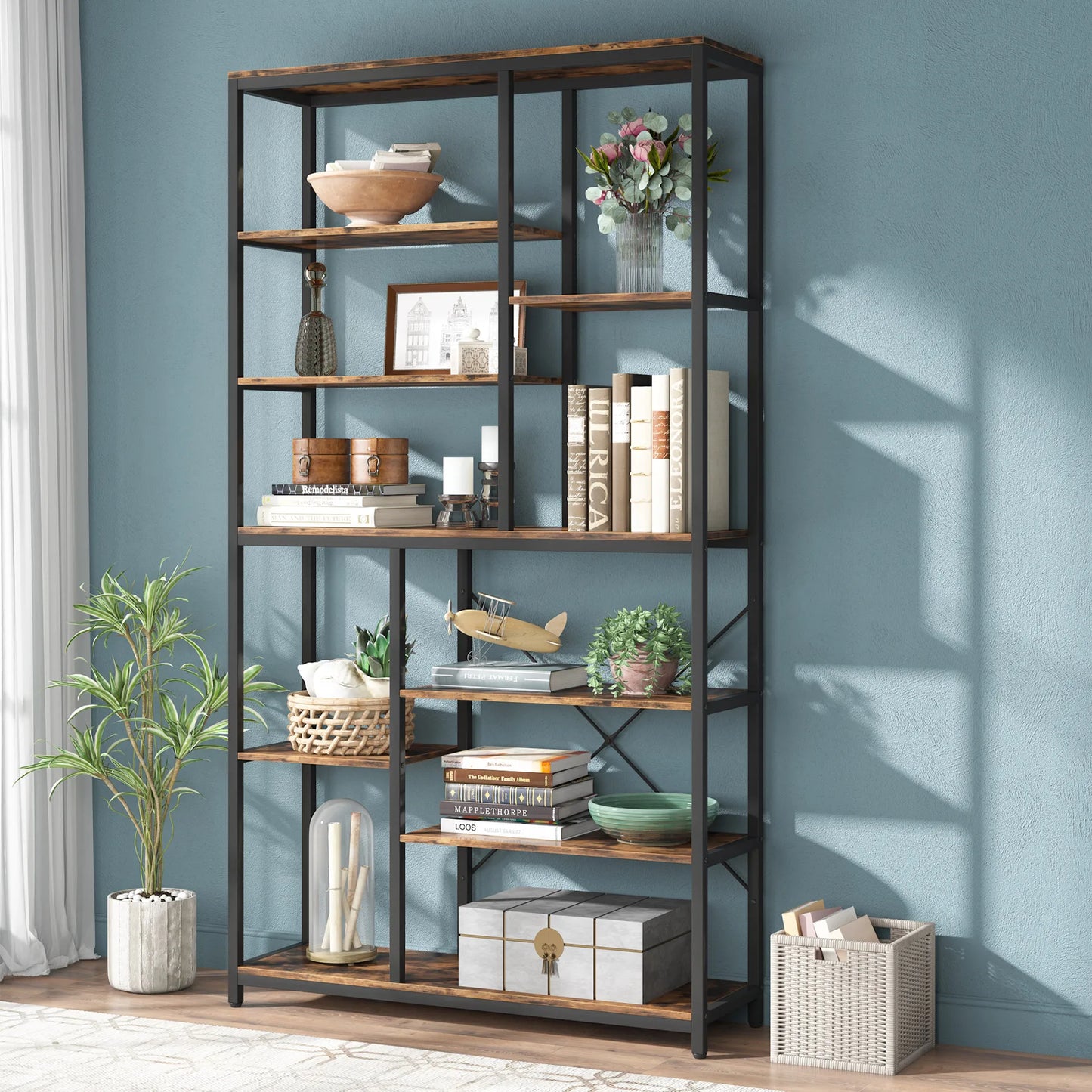 9-Tier Industrial Bookshelf, 79 Inches, 10 Cube Storage