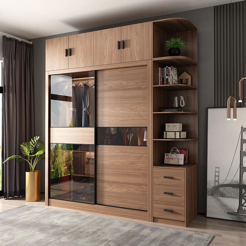 Nordic Wardrobe Bedroom Simple Glass Sliding Door Walnut Color Cabinet Sliding Door Wardrobe