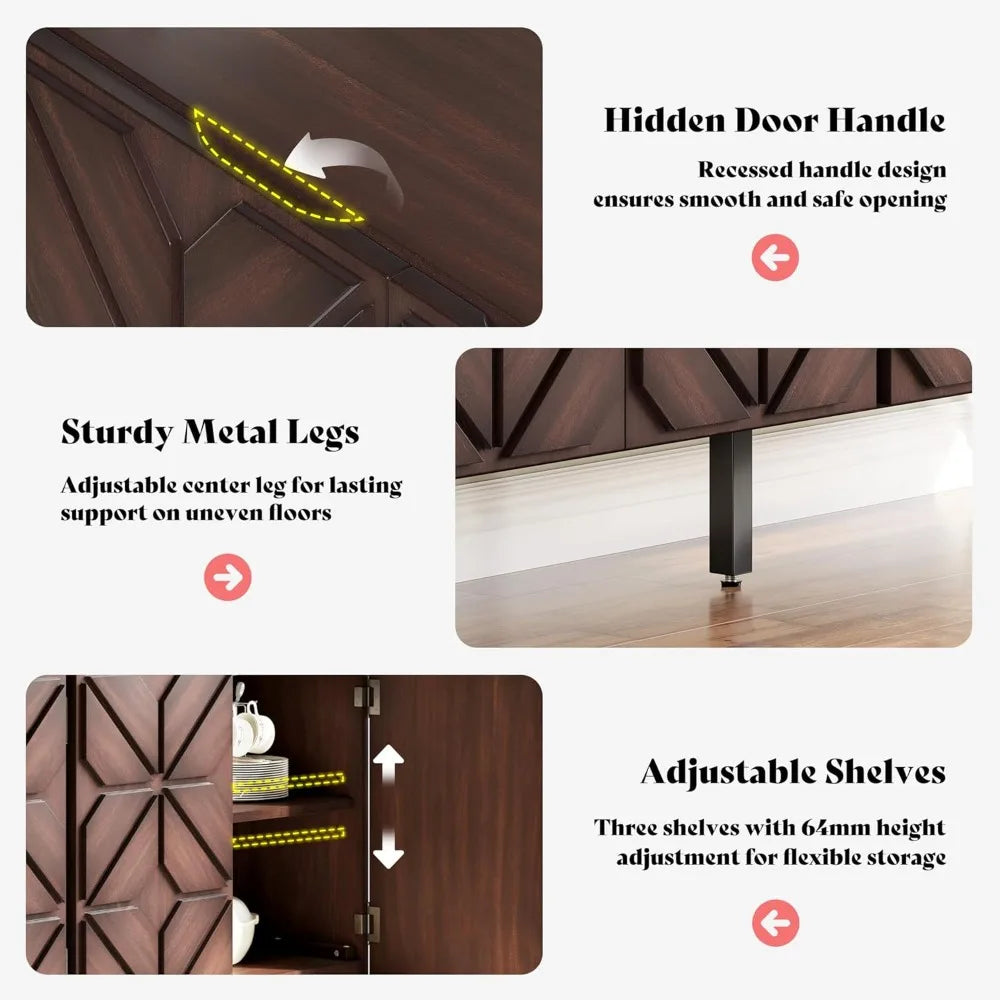 Sideboard Buffet with Hand-Carved Geometric Doors - Console Cabinet, 63"