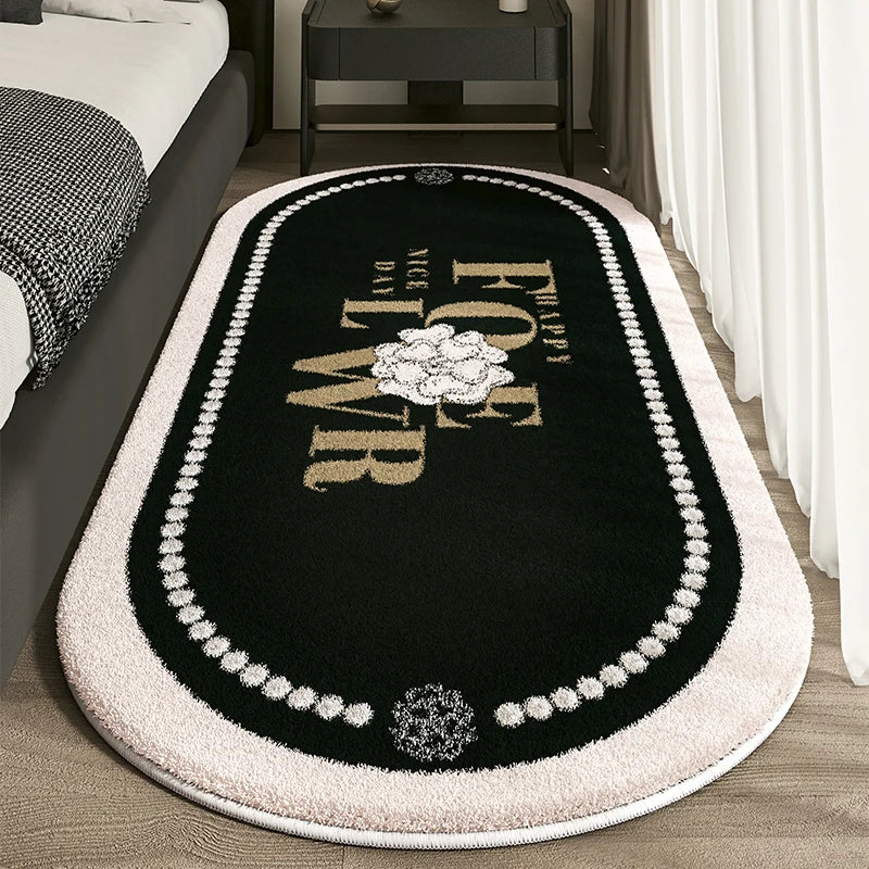 Designer-Inspired Oval Bedroom Rug - Luxury Logo Design with Lace Border