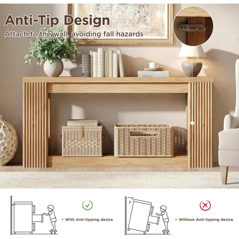 Farmhouse Style 71 Rectangular Console Table with Fluted Wood and Storage, Ideal for Entryway or Behind Sofa