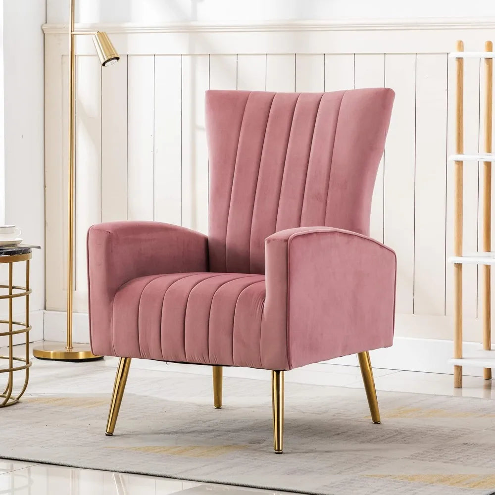 Velvet Accent Chairs Set of 1, Modern Fabric Upholstered Living Room Chairs Armchairs with Wing Back and Metal Legs, Pin