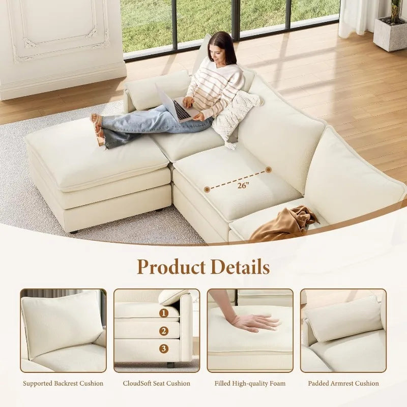 142" U Shaped Sectional Couch,with 2 Ottoman Deep Seat Chenille Modern Cloud Sofa, for Living Room, Bedroom and Apartment, Beige