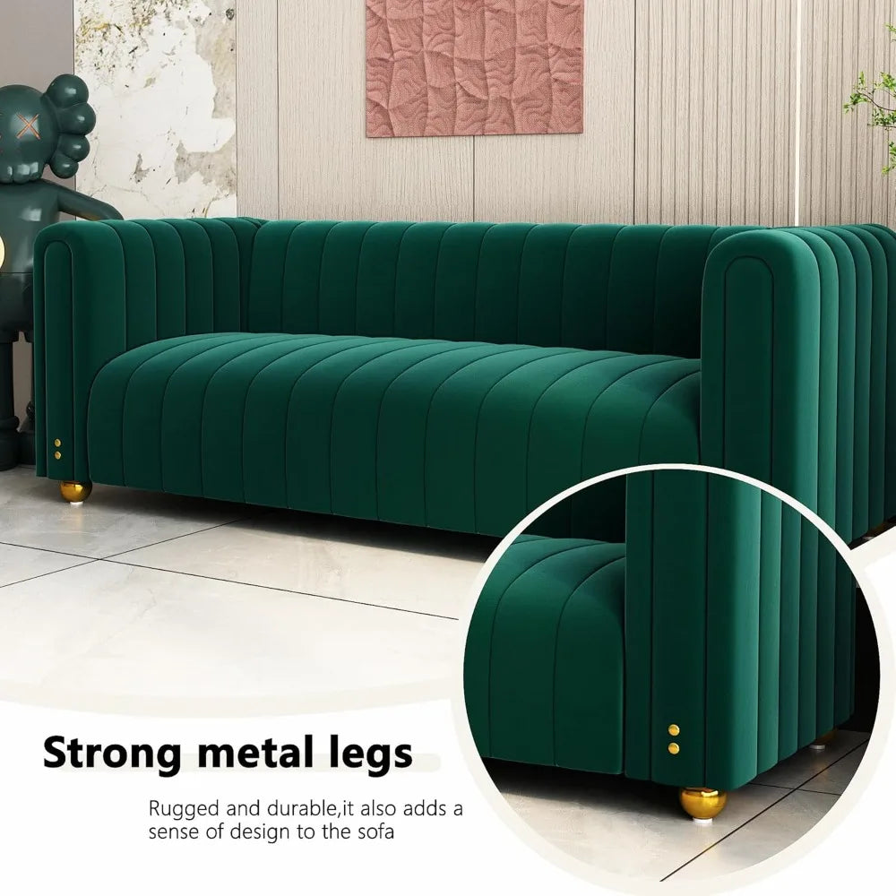 Velvet Sofa 81": Channel Tufted 3-Seat with Gold Legs for Living Room