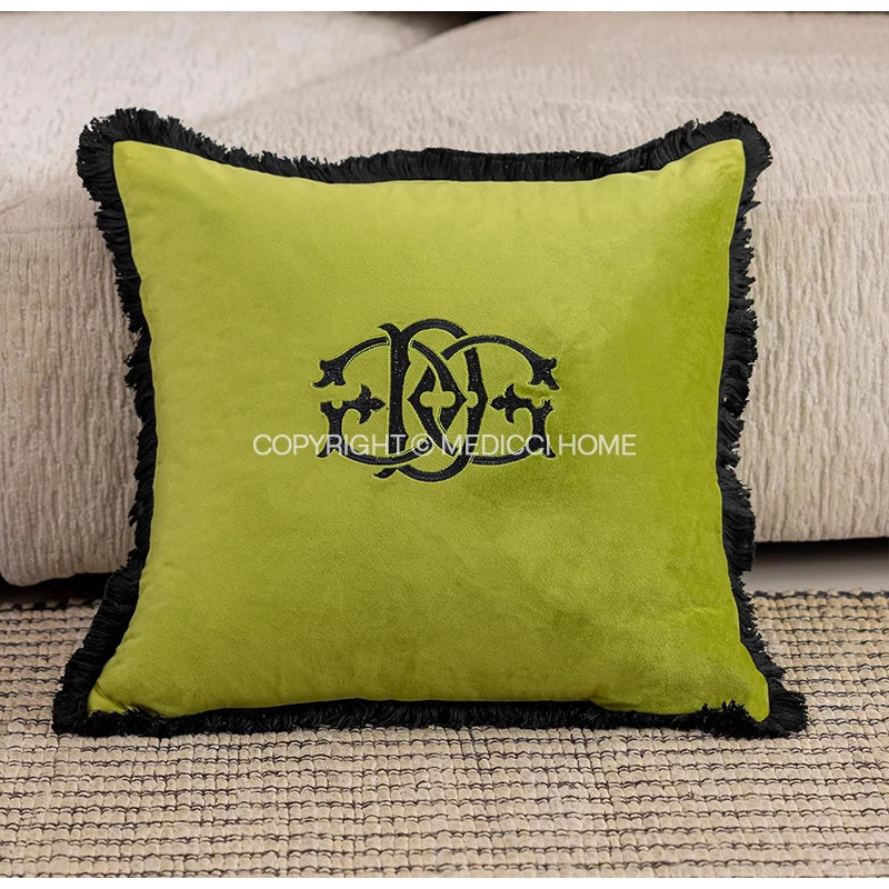 Medicci Home Luxury Monogrammed Lumbar Cushion Cover Green Brush Fringe Monogram Accent Throw Pillow Case Personalized Gifts
