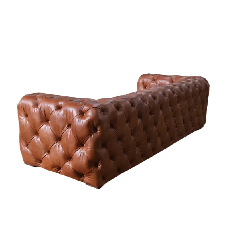 Custom Made Retro Vintage Tan Leather Classic Chesterfield Sofa Fully Tufted Buttons 3 Seat Living Room Hotel Lobby Sofa Club
