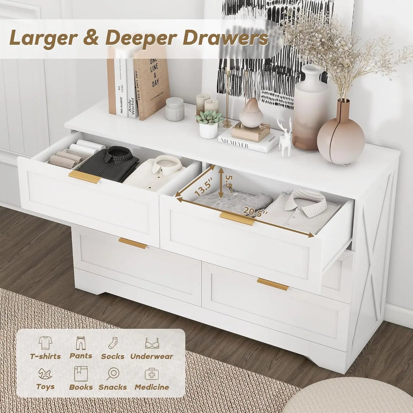White 6-Drawer Dresser with Rose Gold Handles, Modern Wooden Storage Unit