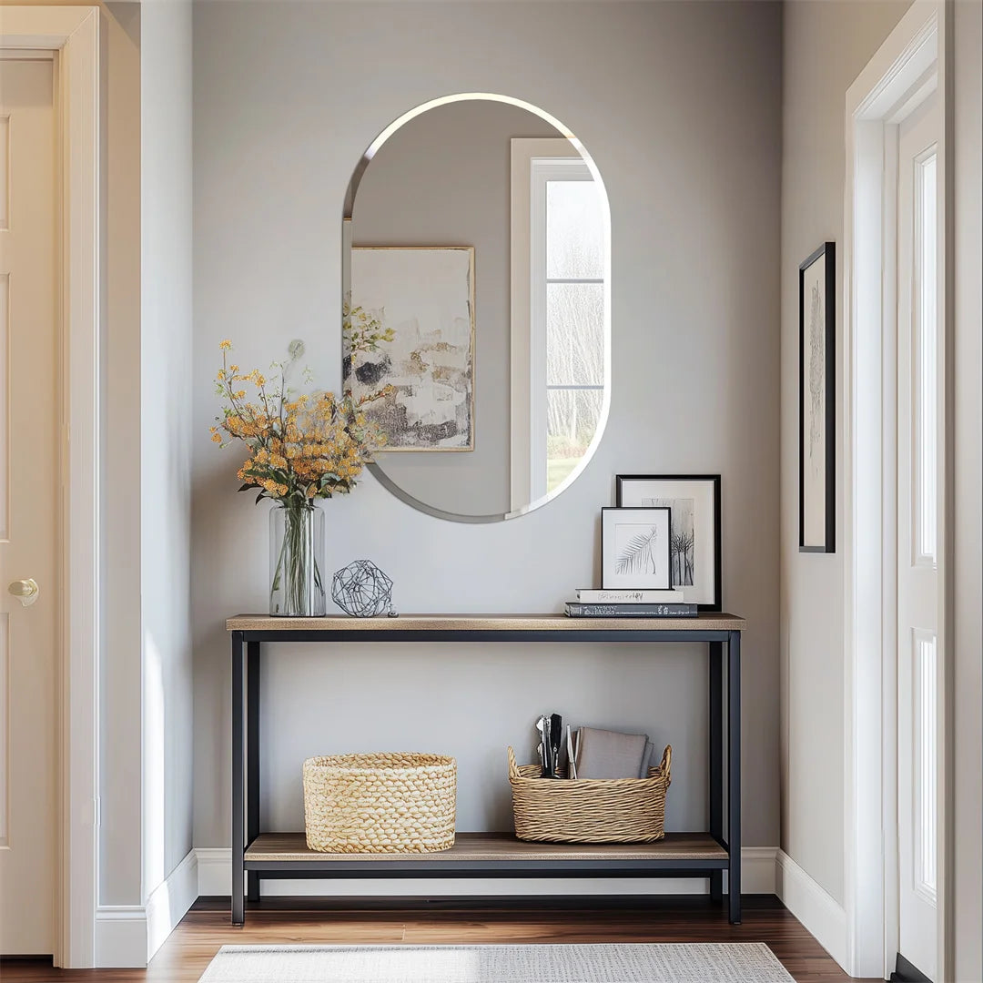 Frameless Long Oval Bathroom Vanity Mirror Silver Glass Wall Decor Mirror with Beveled Edge for Bathroom Entryway