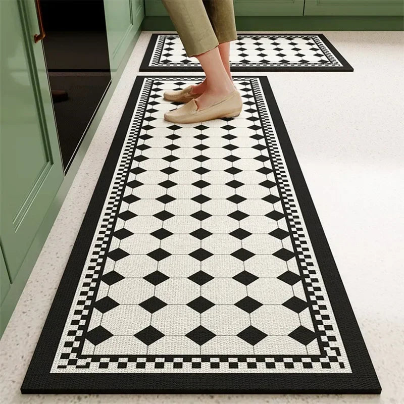 Mat for Kitchen Carpet Waterproof PVC Long Floor Mats Leather Oil Proof Anti-slip Carpets Black White Plaid Home Decoration Rug
