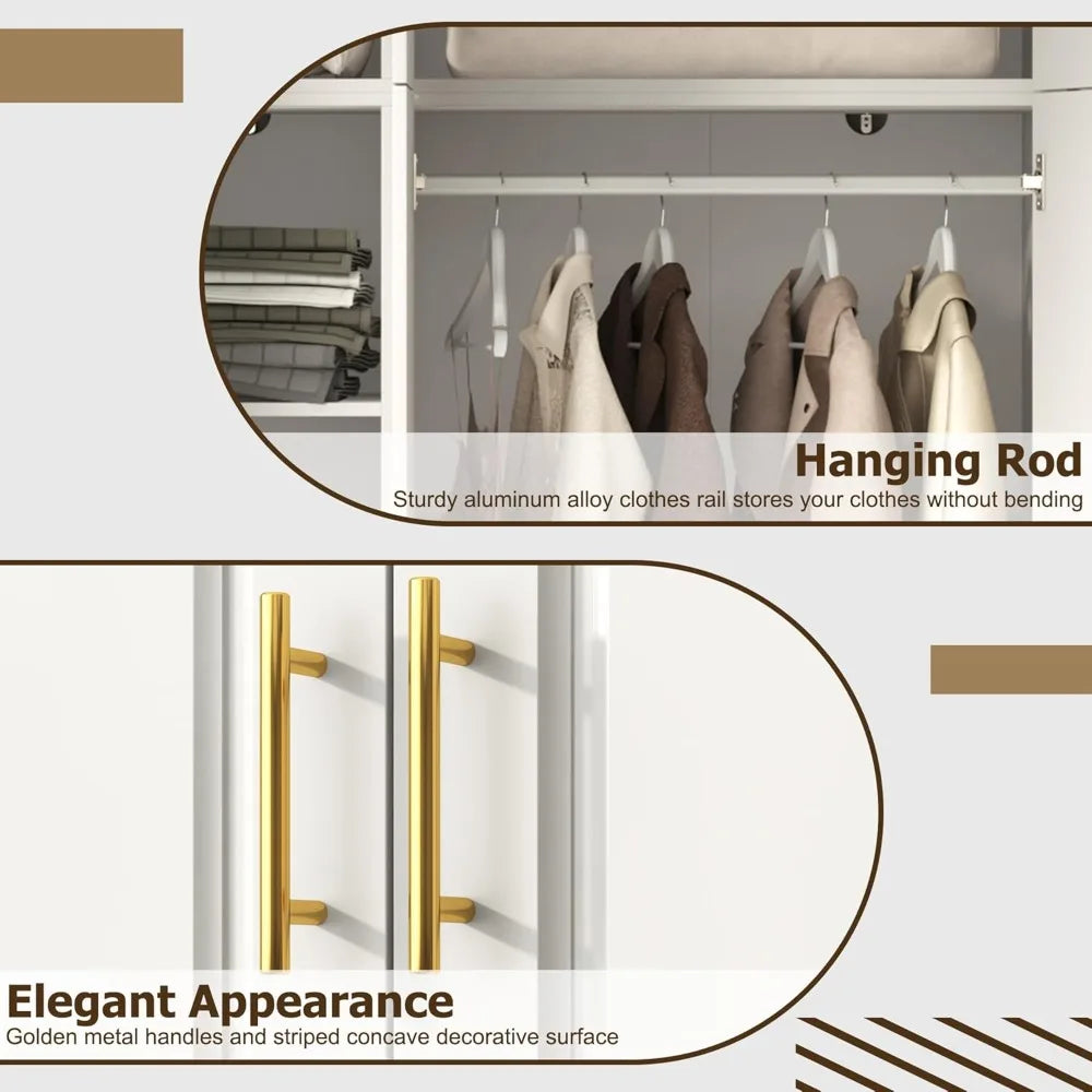 Large Armoire Wardrobe Closet Cabinet with Drawers and LED Lights, Multi-Tier Shelves, Hanging Rod, Large Capacity Storage 3 Doo