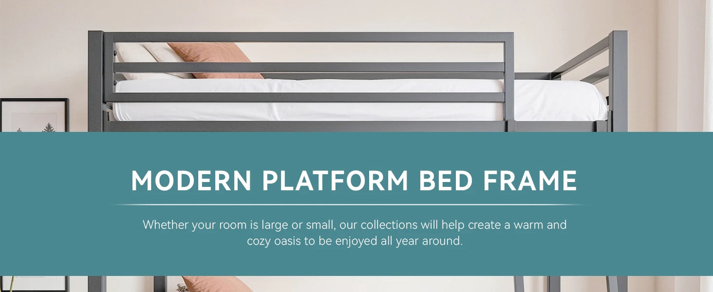 Heavy-Duty Metal Bunk Bed Frame Twin Over Twin, Full Length Guardrails, Space-Saving, Sturdy Metal Support