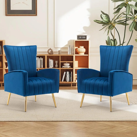Velvet Accent Chairs Set of 2, Modern Navy Blue Fabric Armchairs with Wing Back and Metal Legs