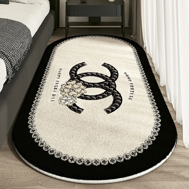 Designer-Inspired Oval Bedroom Rug - Luxury Logo Design with Lace Border