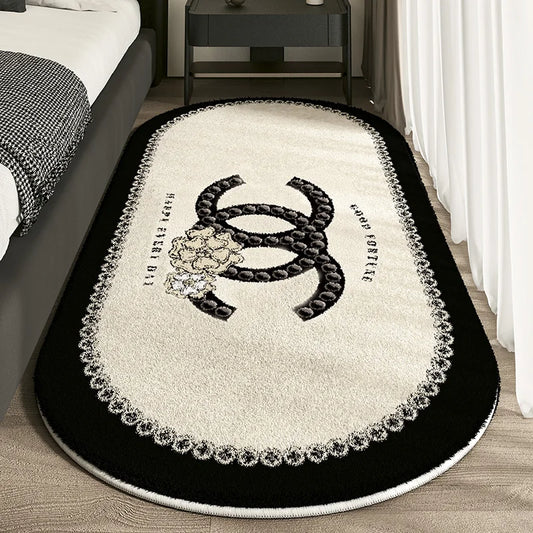 Designer-Inspired Oval Bedroom Rug - Luxury Logo Design with Lace Border