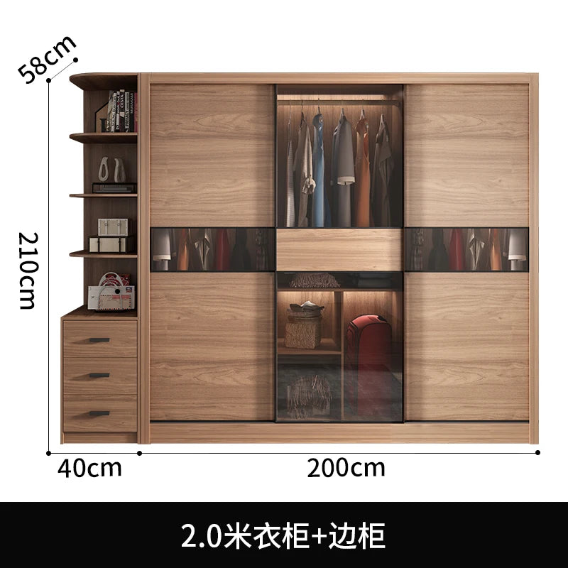 Nordic Wardrobe Bedroom Simple Glass Sliding Door Walnut Color Cabinet Sliding Door Wardrobe